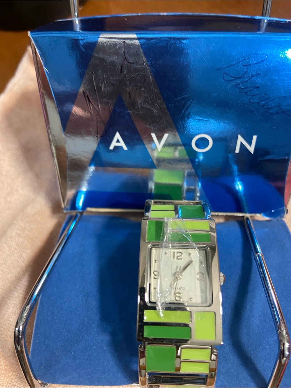 Avon Silver-Tone Bracelet Watch with Bright Green and Lime Enamel Blocks